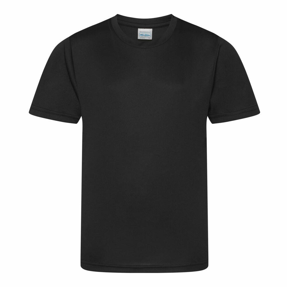 A JC20J t-shirt from AWDis Just Cool, featuring a plain black design with short sleeves and a round neckline, showcased against a white background.