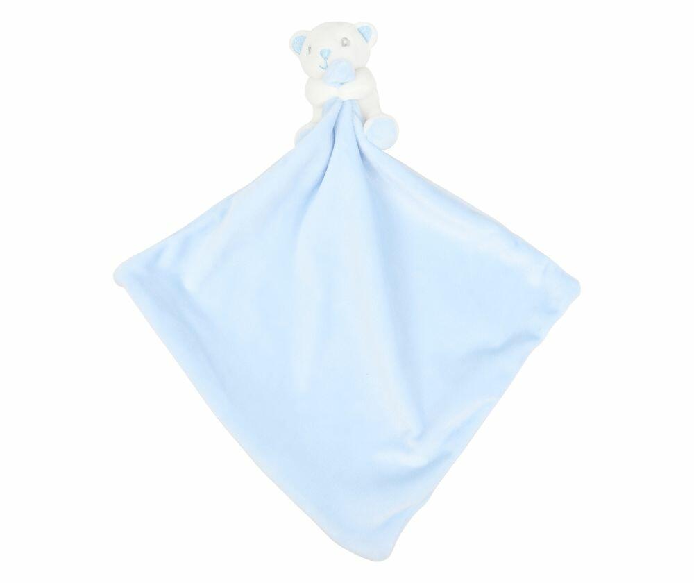 A light blue MM700 baby blanket from Mumbles, featuring a plush teddy bear attached at one corner.