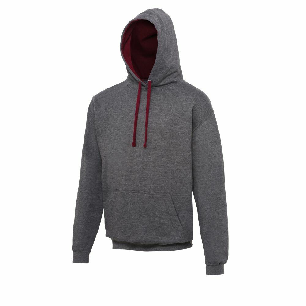 A gray hooded sweatshirt from AWDis Just Hoods, product name JH003, features a front pocket and maroon drawstrings, displayed against a white background. The interior of the hood is enhanced with maroon fabric.