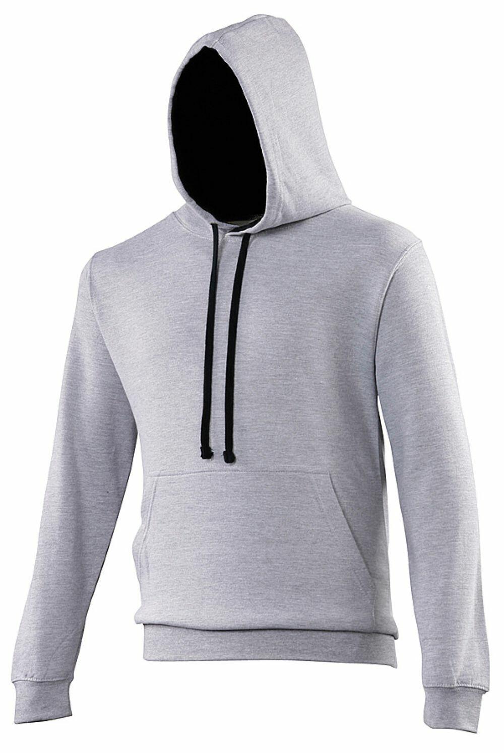 The AWDis Just Hoods JH003 is showcased against a white background, featuring a plain gray design with a front pocket and black drawstrings. The hood is up, contributing to its casual and comfortable look.