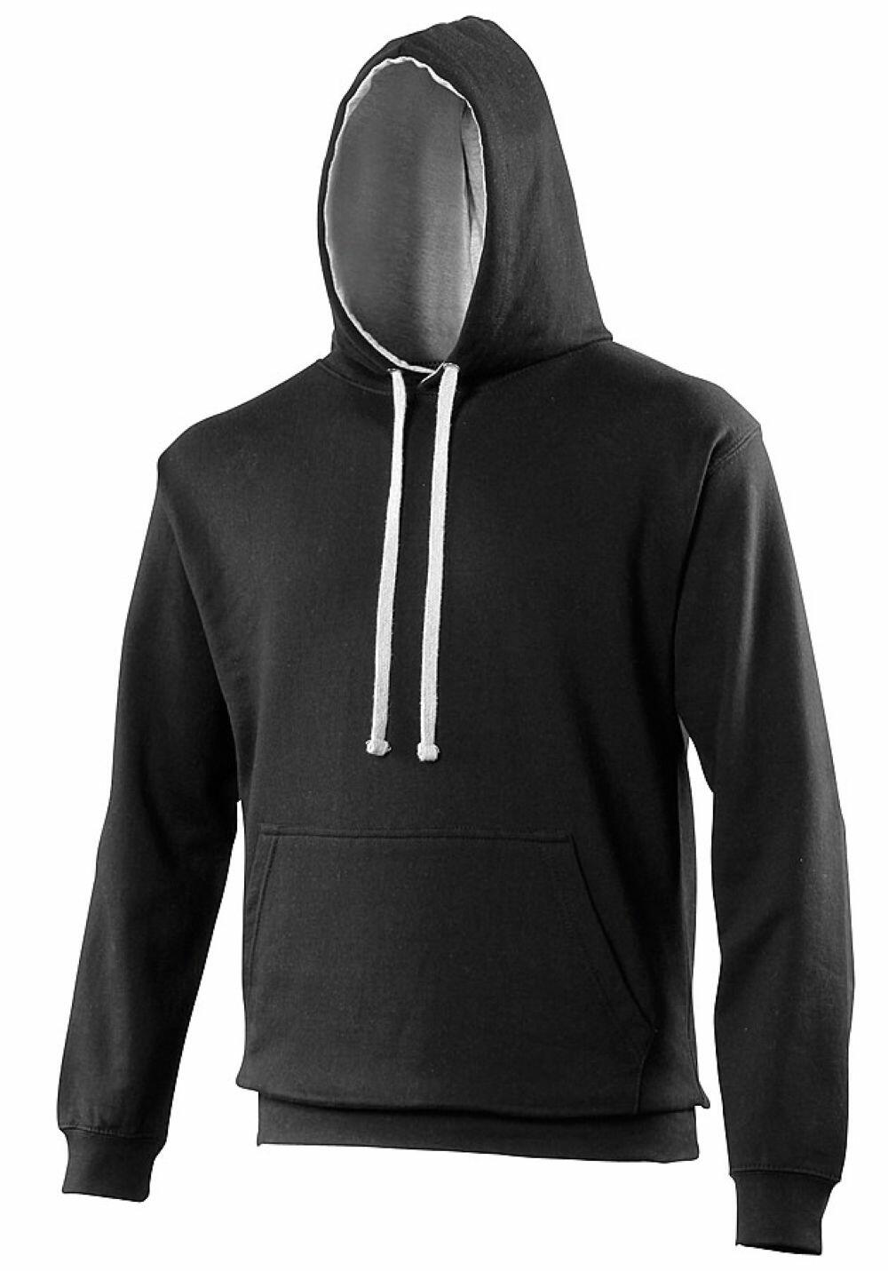Introducing the JH003 by AWDis Just Hoods: This black hooded sweatshirt showcases stylish white drawstrings, a convenient front pouch pocket, and long sleeves. The hoodie is elegantly displayed with the hood up and without a model wearing it.
