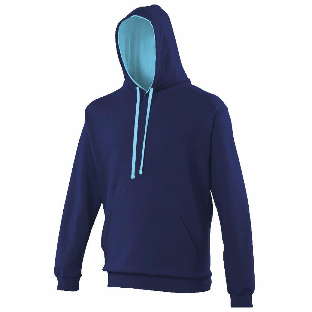 The JH003 hoodie by AWDis Just Hoods features a navy blue design with a light blue hood lining and drawstrings. It includes a convenient front pocket and long sleeves, offering a casual appeal.