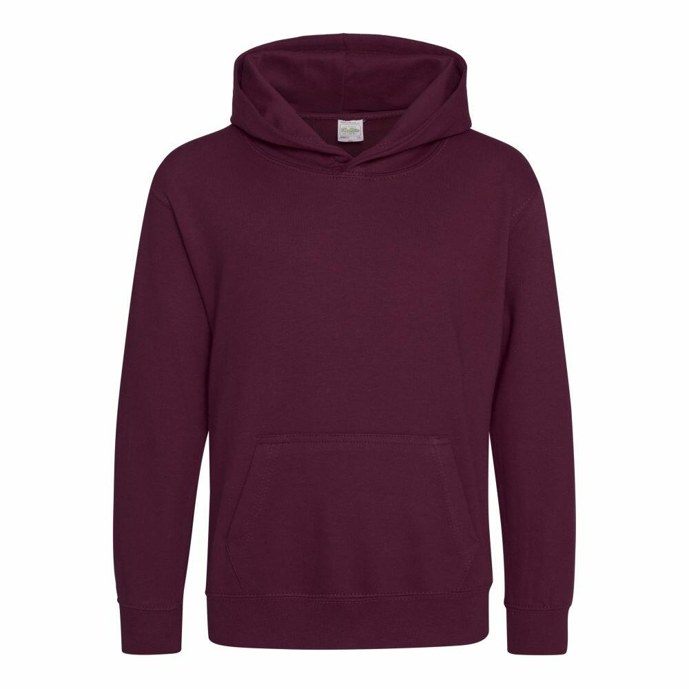 The AWDis Just Hoods JH01J is a maroon hooded sweatshirt shown against a white background, featuring long sleeves and a front pocket.