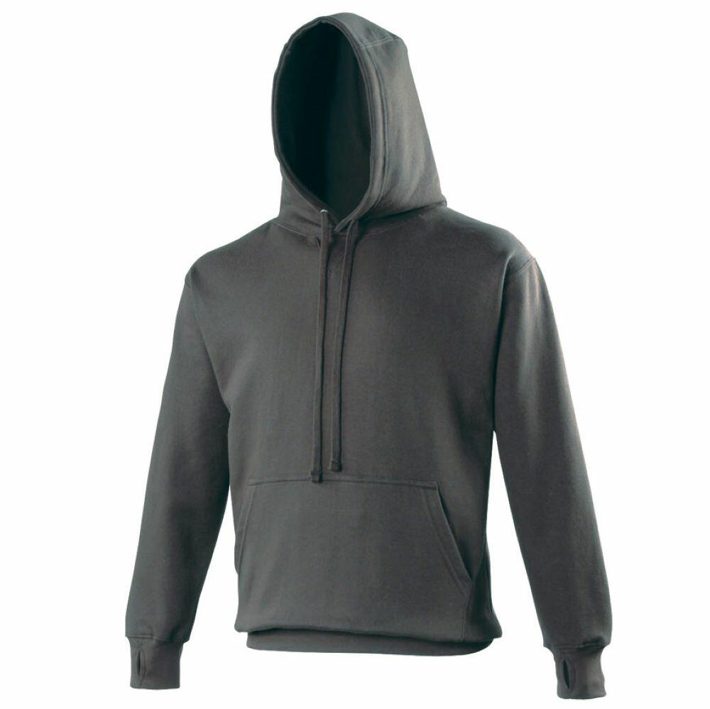 The JH020 by AWDis Just Hoods is a plain, dark gray hoodie featuring a front pocket and drawstring hood.