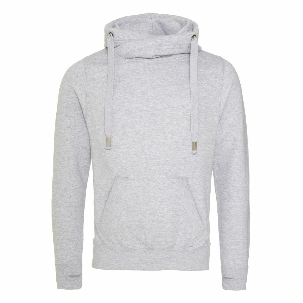 Introducing the JH021 from AWDis Just Hoods: a light gray hoodie designed with a high collar and drawstrings. It includes a convenient front pocket and ribbed cuffs. The hoodie is showcased against a clean, white backdrop.