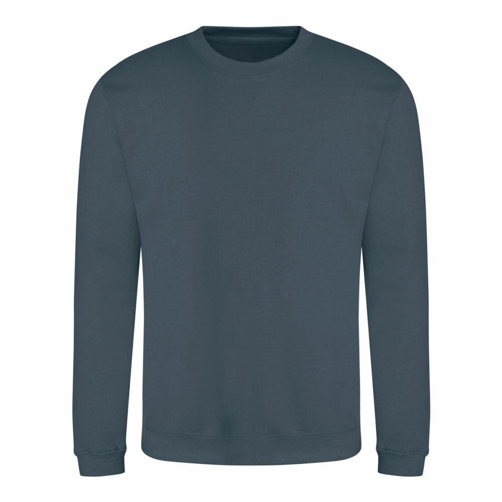 The JH030 by AWDis Just Hoods is a dark green long-sleeve crew neck sweatshirt featuring a plain design without any visible logos or patterns.