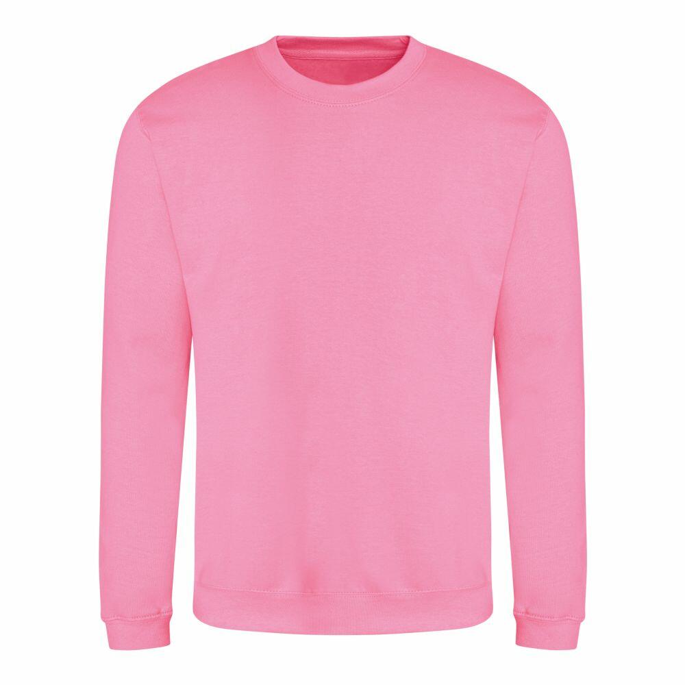A JH030 crew neck sweatshirt in a plain, light pink color with long sleeves by AWDis Just Hoods, displayed against a white background.