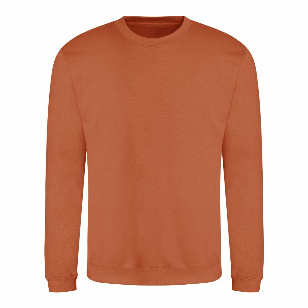 The AWDis Just Hoods JH030 is showcased against a white background, featuring an orange crewneck design with long sleeves.
