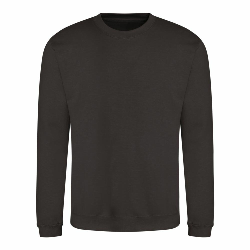 Displayed on a white background is the JH030, a plain black crewneck sweatshirt with long sleeves from AWDis Just Hoods, unadorned to highlight its simple and classic design.