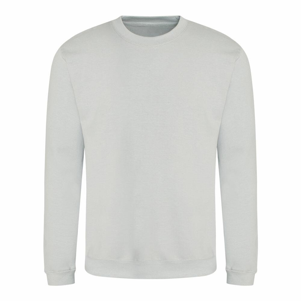 A plain, light gray sweatshirt from AWDis Just Hoods, featuring long sleeves and a round neckline, showcased against a white background.