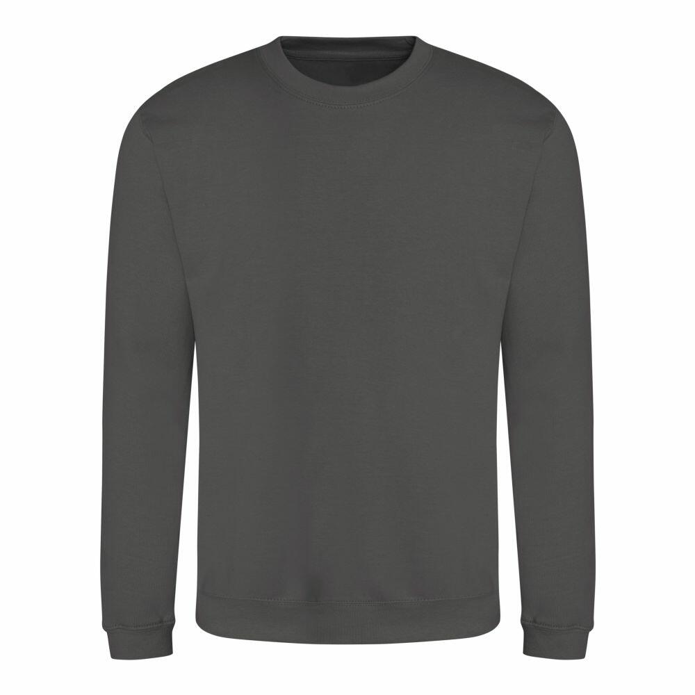 A JH030 sweatshirt from AWDis Just Hoods featuring a dark green color, crewneck design, and long sleeves.