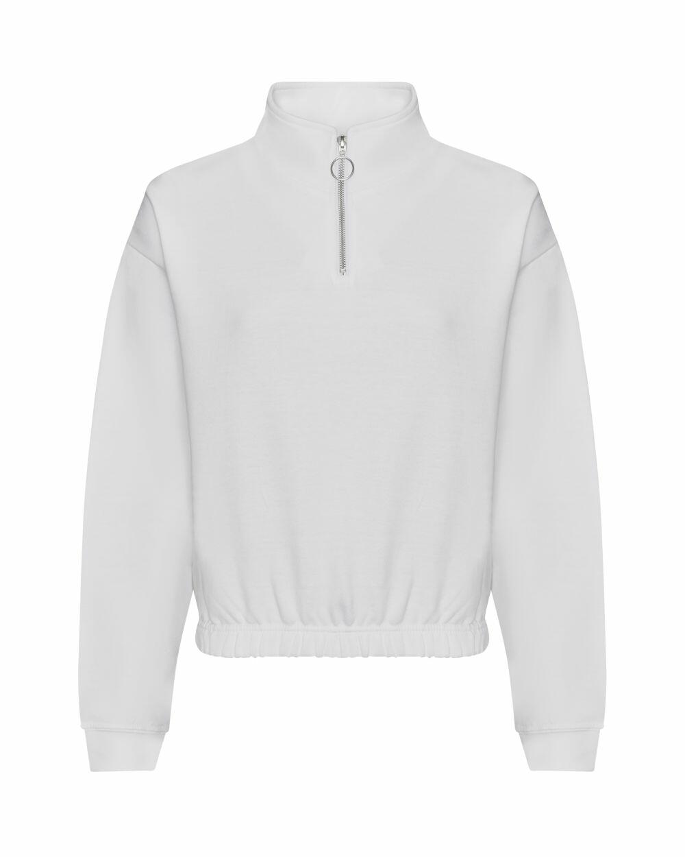 Introducing the AWDis Just Hoods JH037: a stylish white quarter-zip pullover featuring a high collar and elasticated hem and cuffs.