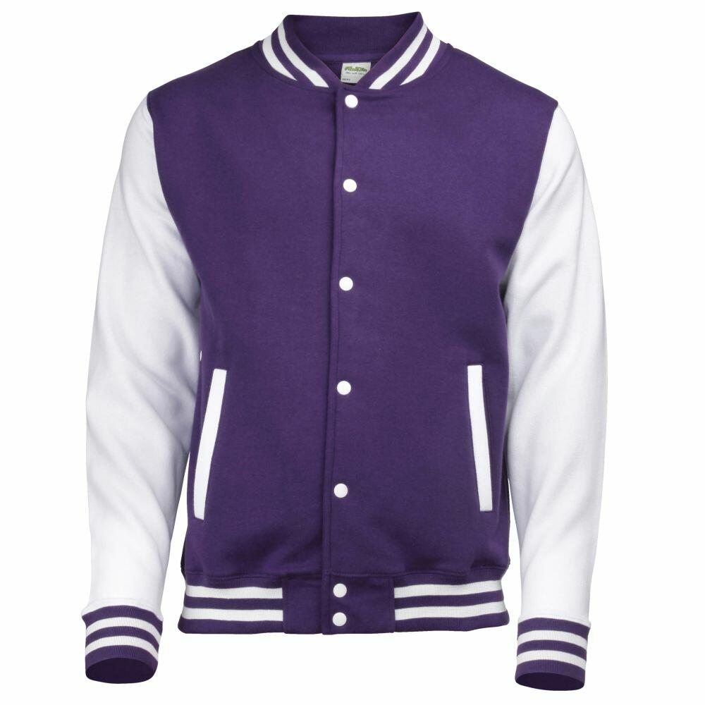 The AWDis Just Hoods JH043 is a varsity jacket in purple, characterized by its white sleeves and trim. It boasts white buttons along the front, complemented by two front pockets with distinctive white edging. The design includes a ribbed collar, cuffs, and hem accented with white stripes. This stylish jacket is presented against a plain white background.