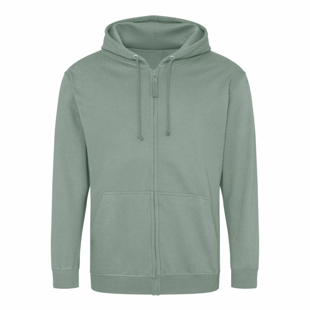 The AWDis Just Hoods JH050 hoodie in green, featuring a zip-up design, drawstrings, and front pockets, is displayed against a plain white background.