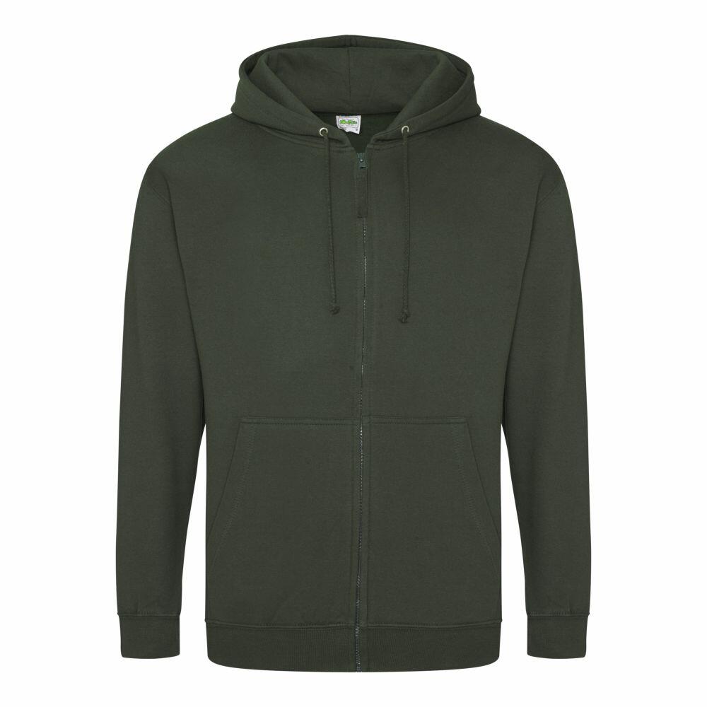 The AWDis Just Hoods JH050 is a casual dark green zip-up hoodie featuring a drawstring hood, two front pockets, and long sleeves, showcased against a white background.