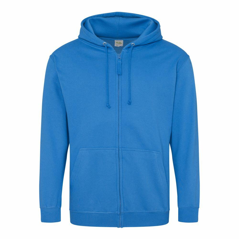 The AWDis Just Hoods JH050 is a blue hoodie featuring a zip-up design, drawstring hood, and front pockets.