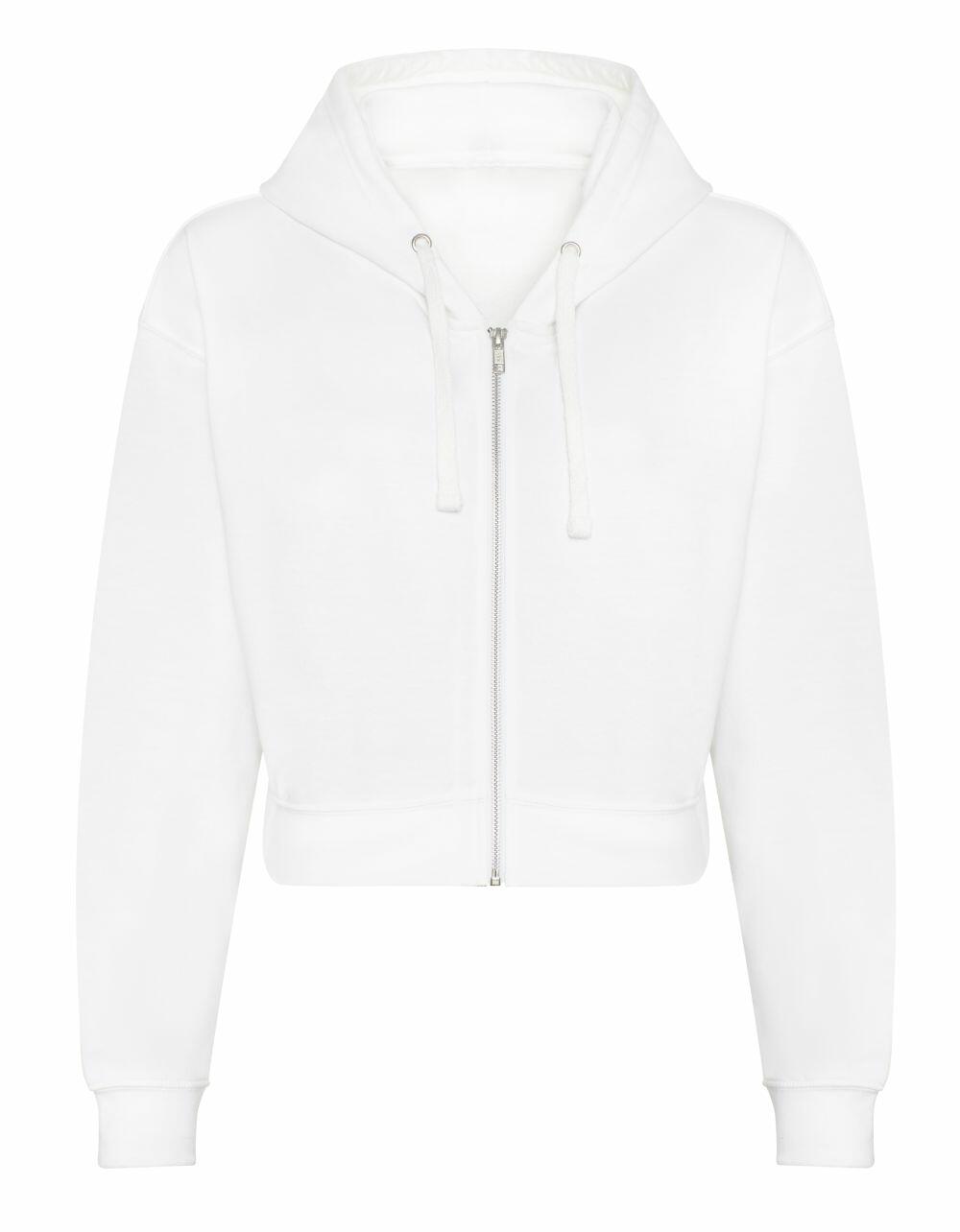 The JH065 by AWDis Just Hoods is a white zip-up hoodie featuring a drawstring hood, long sleeves, and a front pocket.
