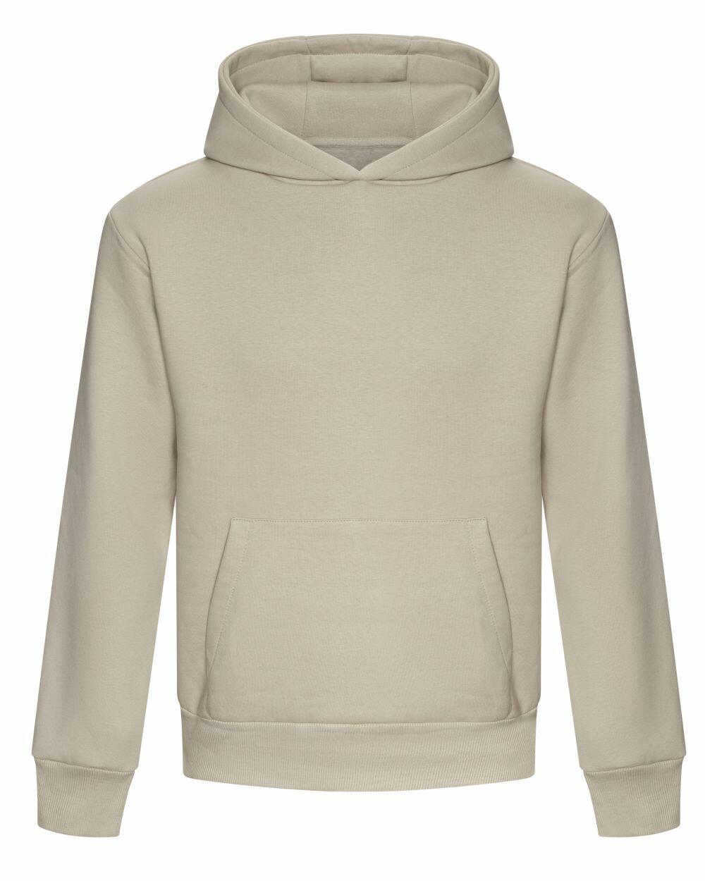 A plain beige hooded sweatshirt, featuring long sleeves and a front kangaroo pocket, from AWDis Just Hoods' JH120 collection, displayed on a white background.