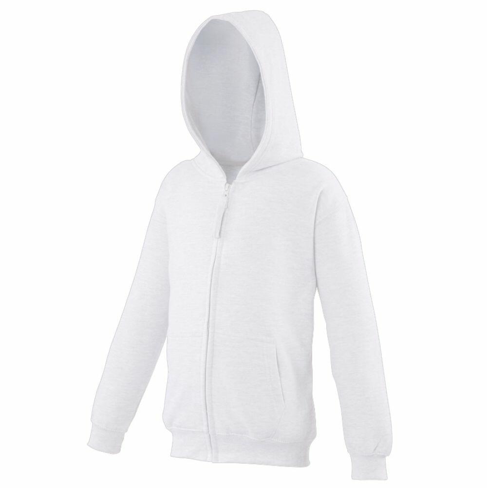 The AWDis Just Hoods JH50J is a simple white zip-up hoodie featuring a hood and front pockets, showcased against a white background.