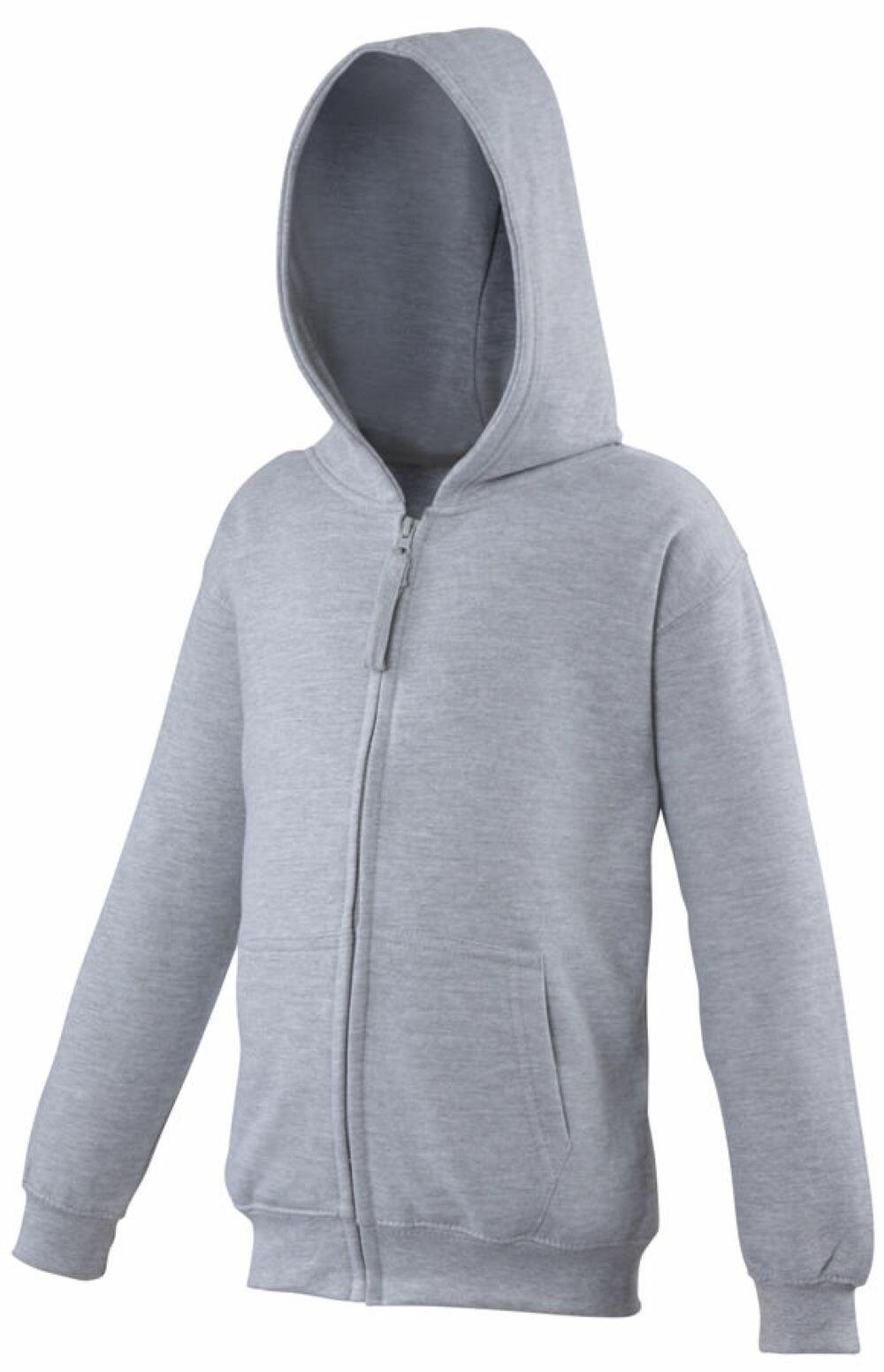 The JH50J, a gray zip-up hoodie by AWDis Just Hoods, features a hood and two front pockets. It is displayed on a plain white background and includes long sleeves with ribbed cuffs and hem.