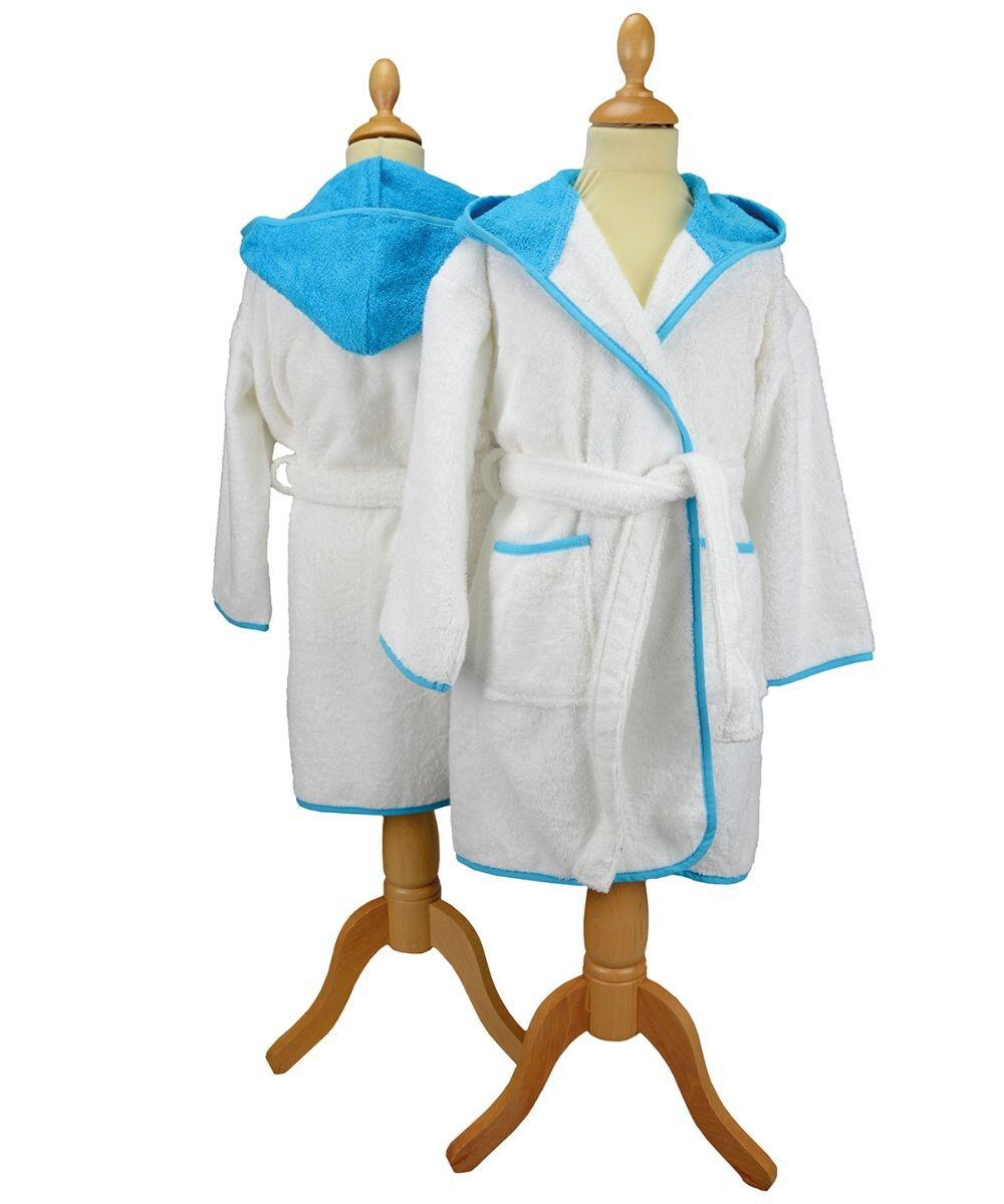 Two AR021 children's white hooded bathrobes by A&R Towels, featuring blue trim, are displayed on wooden stands. One robe highlights the front with pockets and a belt, while the other showcases the back with the hood up.