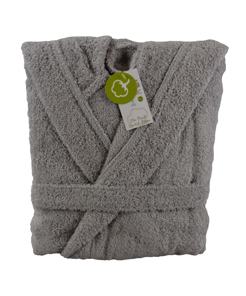 Gray bathrobe by A&R Towels featuring a folded design and textured fabric. Comes with a tag displaying the AR027 product name and a cotton icon.