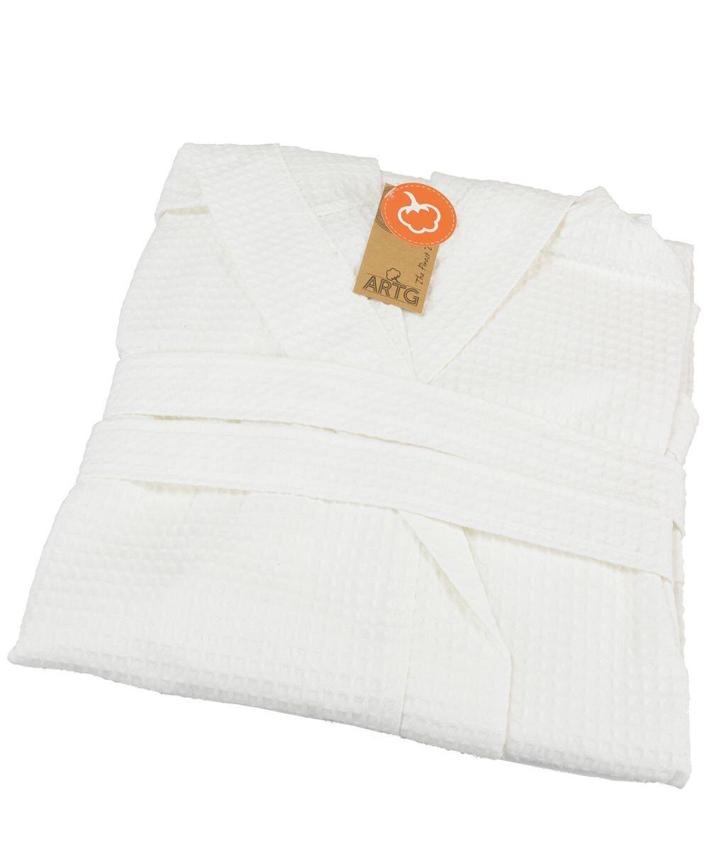A folded AR028 white waffle-texture bathrobe by A&R Towels with an attached tag.