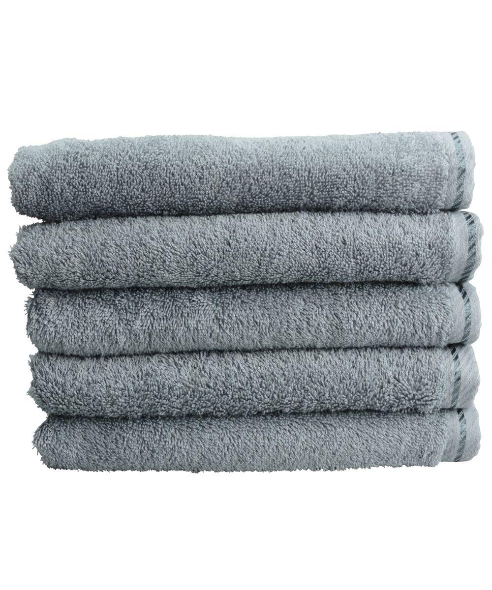 A neatly folded stack of five AR035 towels in gray from A&R Towels.