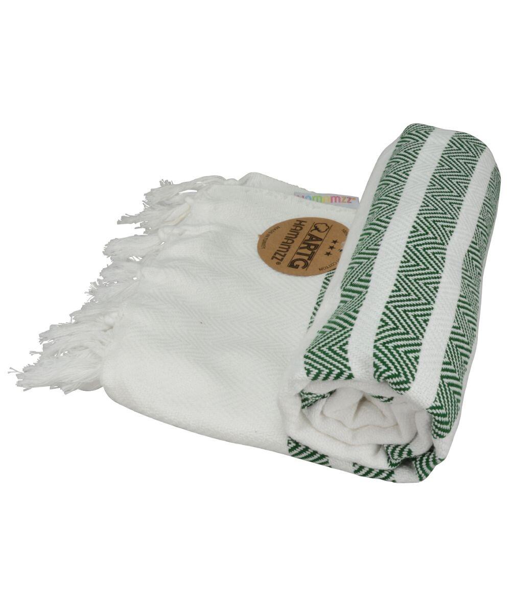 A folded AR053 towel by A&R Towels, showcasing a white fabric with a green geometric pattern. The edges are adorned with white tassels, and the visible label displays text on the folded towel.