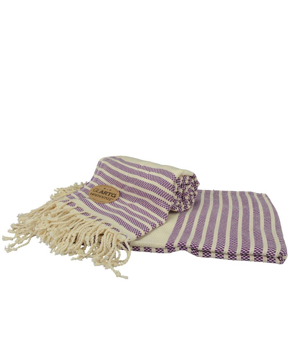 A folded towel featuring purple and cream stripes, fringed edges, and a leather tag by A&R Towels (Product Name: AR055) is placed on a flat towel with the same design.
