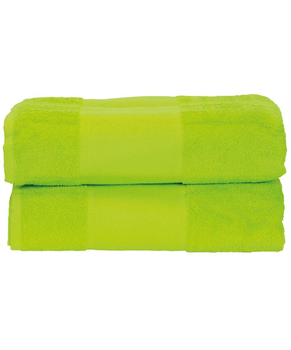 Two neatly folded AR071 towels in bright green from A&R Towels stacked on top of each other.