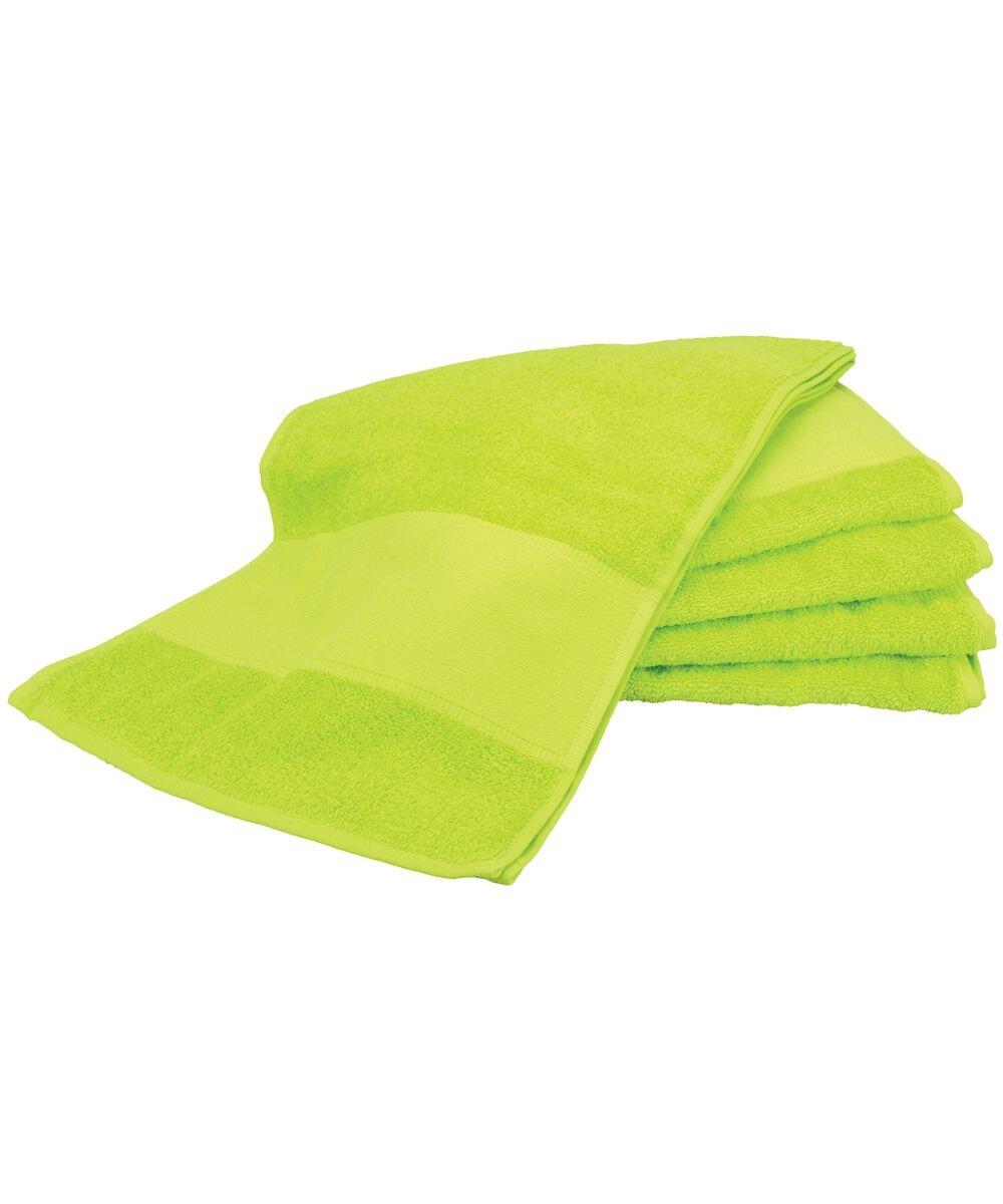 Four vibrant lime green AR073 towels from A&R Towels are neatly stacked on top of each other. These towels feature a smooth texture and a simple design.