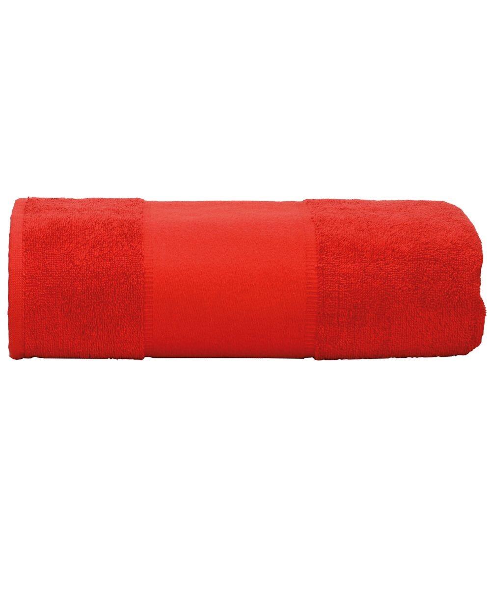 A neatly rolled, vibrant red AR075 towel by A&R Towels with a smooth texture and a wide central band.