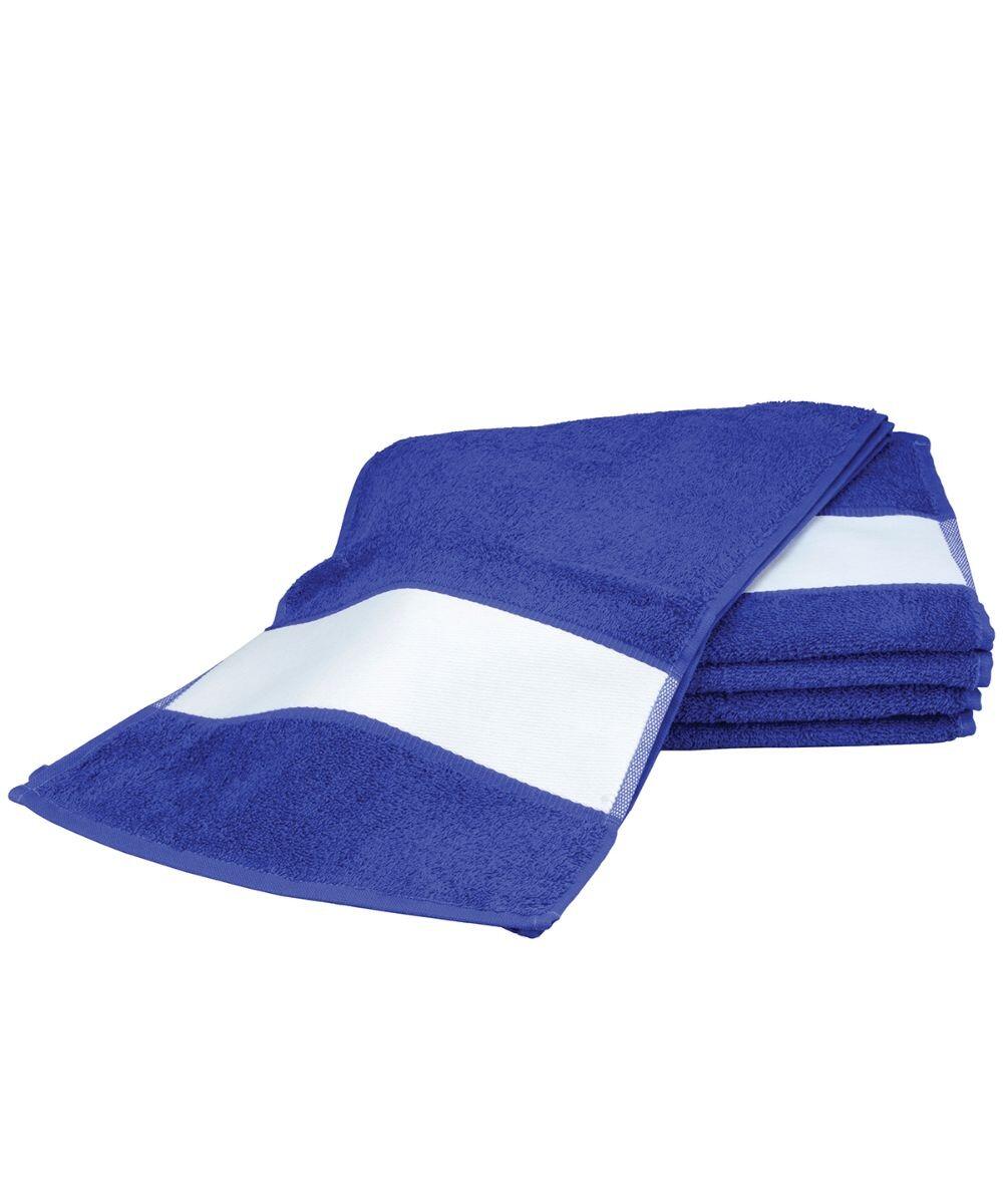 A neatly folded and arranged set of AR083 towels from A&R Towels featuring wide white stripes on a blue background.