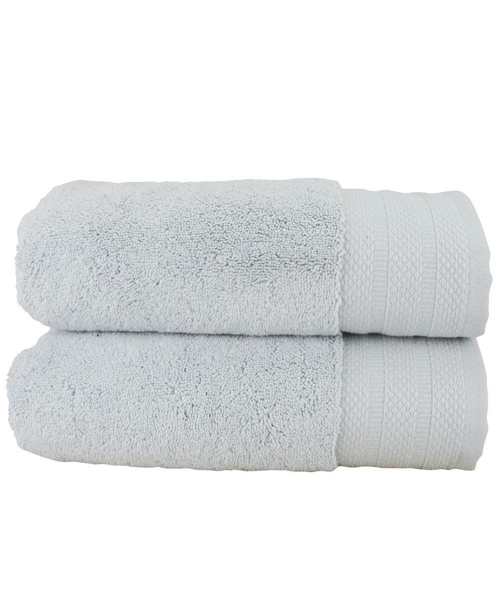 A pair of neatly folded AR603 light blue towels from A&R Towels are stacked on top of each other.