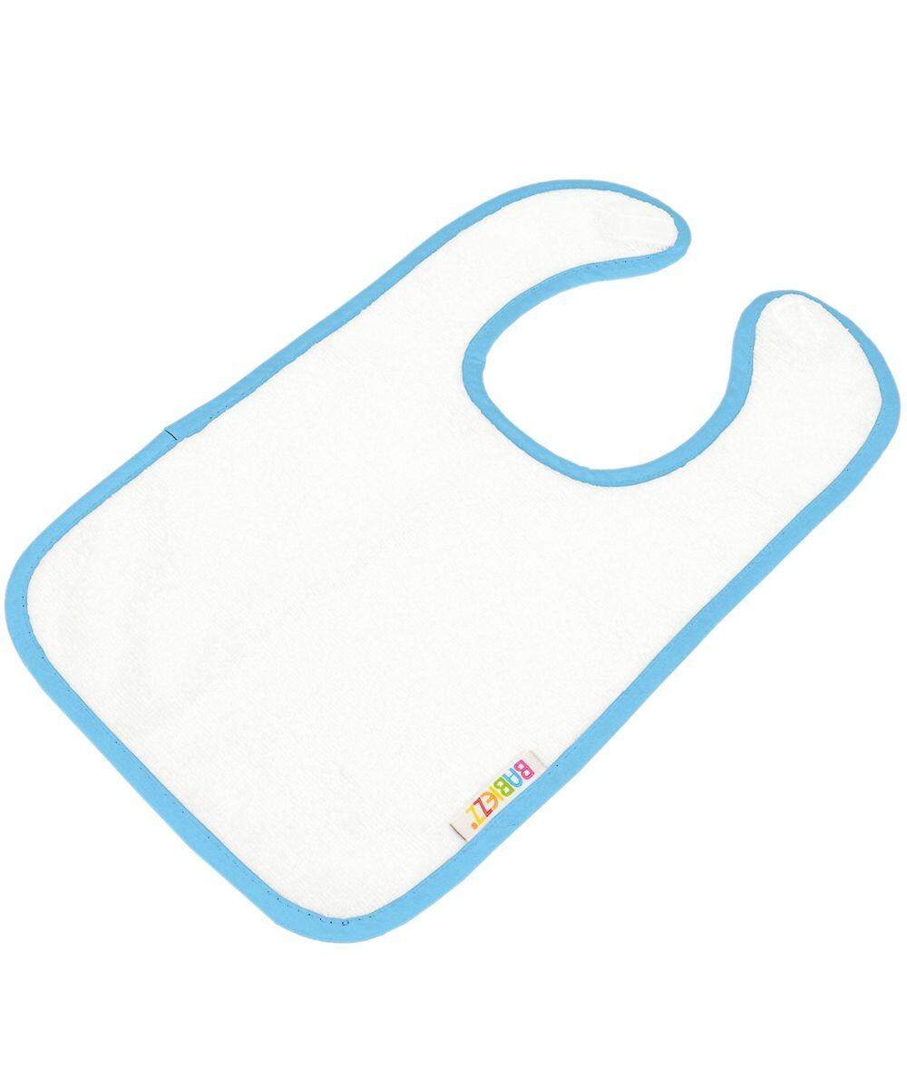 The AR894 baby bib by A&R Towels, featuring a white design with blue trim, lying flat.