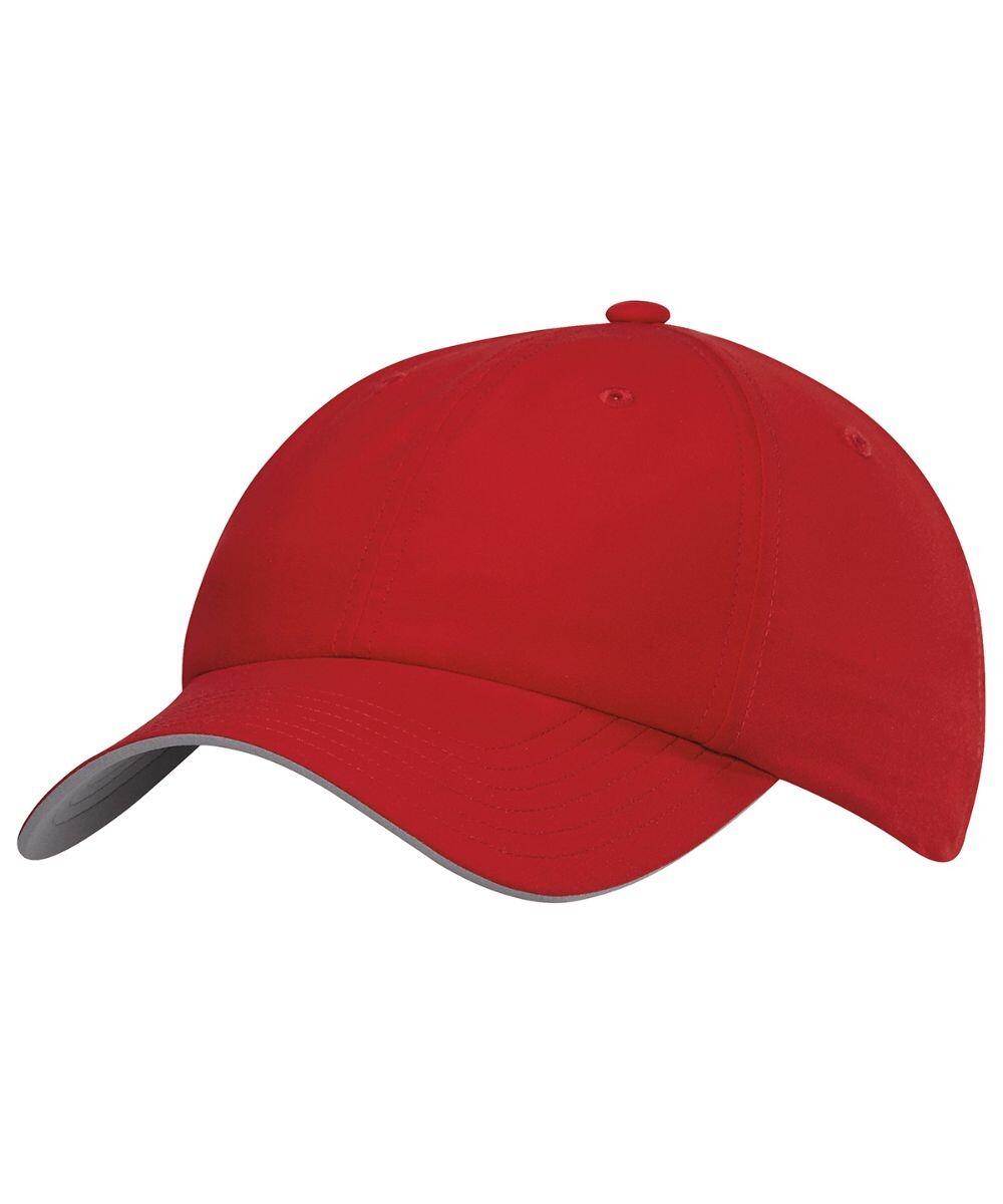 A plain red AD077 baseball cap from adidas, featuring a curved brim and a button on top.