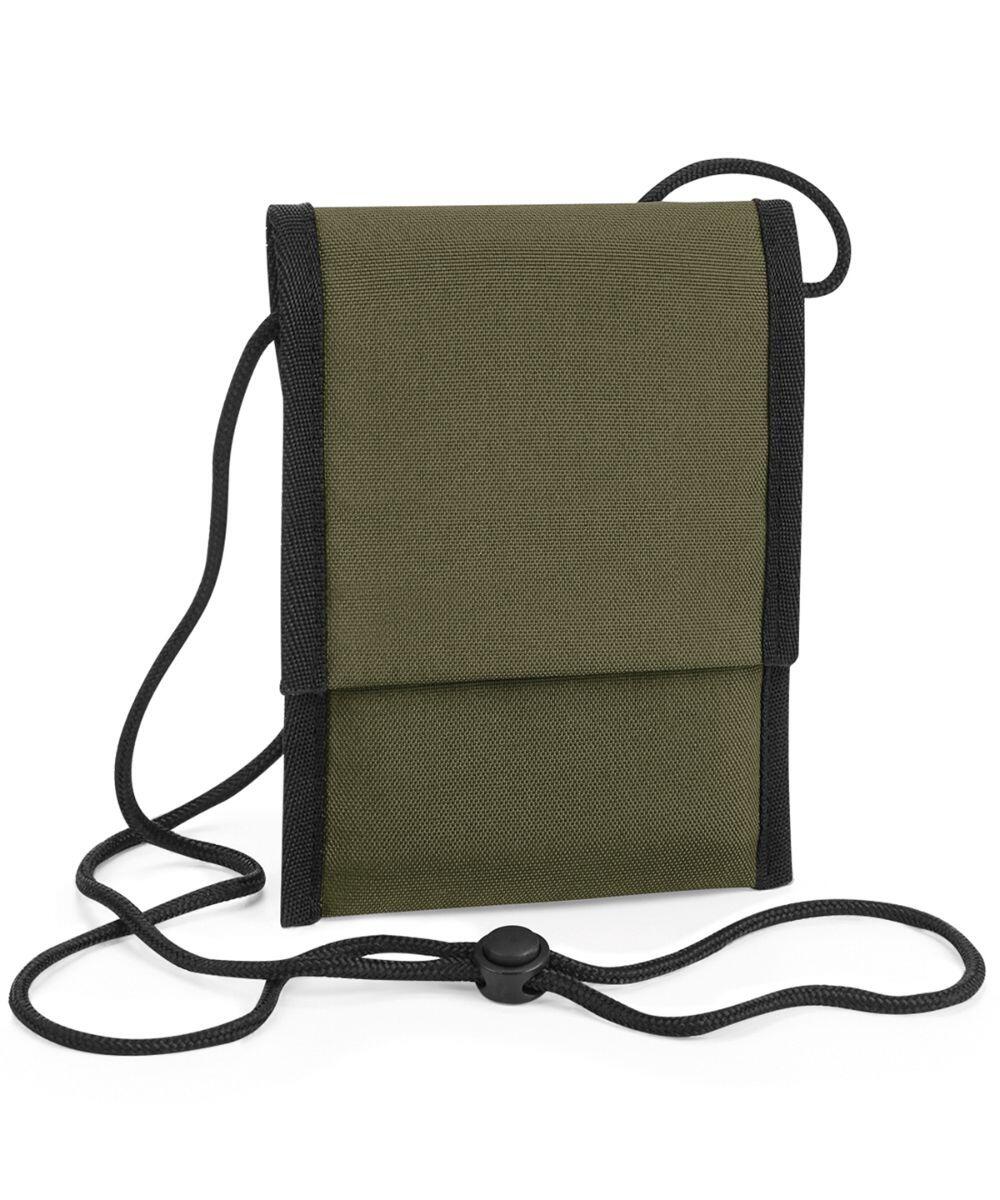 The BG283 by Bagbase is a green fabric pouch featuring black trim, an adjustable cord, and a folded closure.