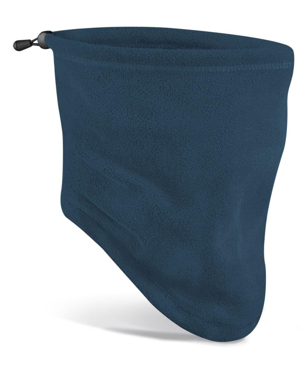 Introducing the Beechfield B280R: a navy blue fleece neck gaiter, equipped with an adjustable drawstring at the top for enhanced warmth and comfort, showcased against a plain white background.