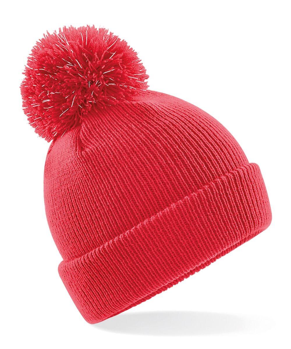 Product B406B from Beechfield is a knitted beanie in red, featuring a pom-pom on top and a folded brim.