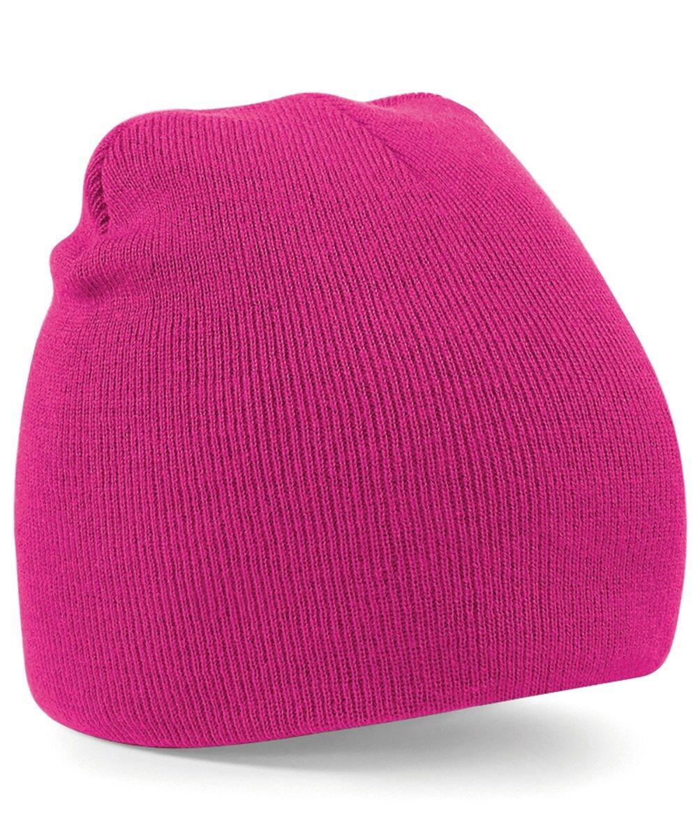 The Beechfield BC044 knit beanie is displayed against a white background. It has a bright pink color, features a folded edge, and boasts a smooth, textured appearance.