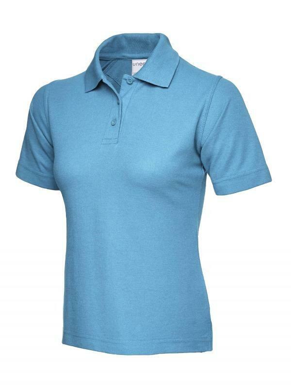 A Uneek UC115 ladies ultra cotton polo shirt in Sky