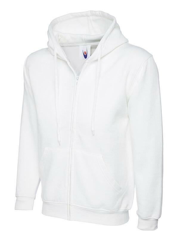 A Uneek UC504 adult unisex classic full-ziphooded sweatshirt shirt in White