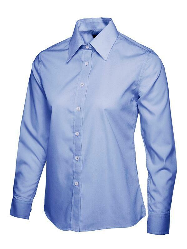 A mid blue UC711 button-down dress shirt displayed on a white background, featuring a pointed collar and long sleeves.