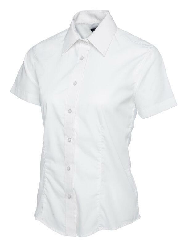 A white, button-up shirt with short sleeves and a pointed collar from Uneek (UC712), displayed on a plain white background.