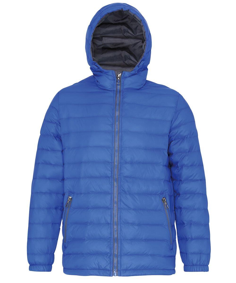 A TS016 jacket by 2786, featuring a blue puffer design with a hood, a full front zipper, and two zippered pockets on the sides.