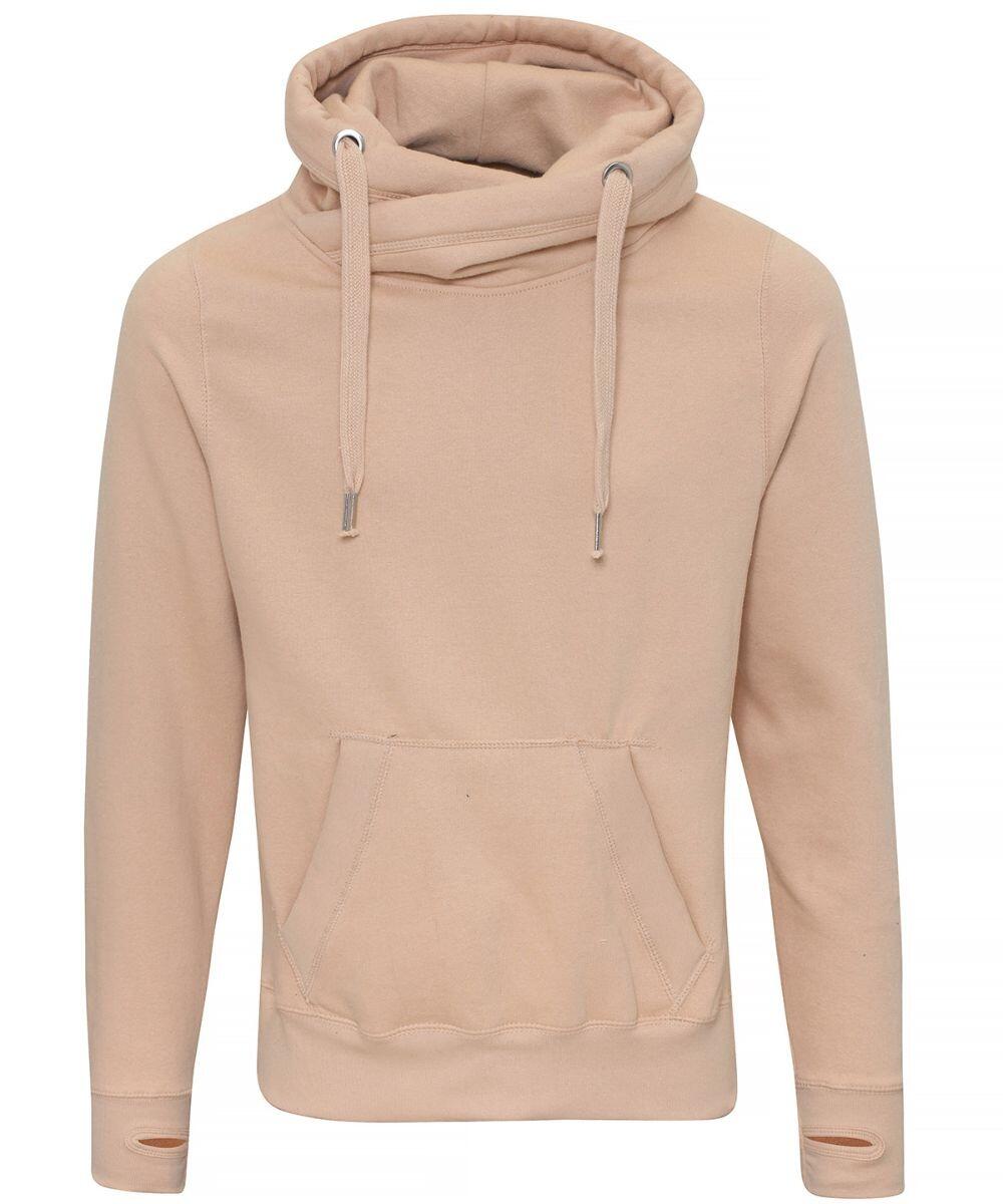 AWDis Just Hoods' JH021 is a beige hoodie featuring a high neckline, drawstrings, and a front kangaroo pocket.