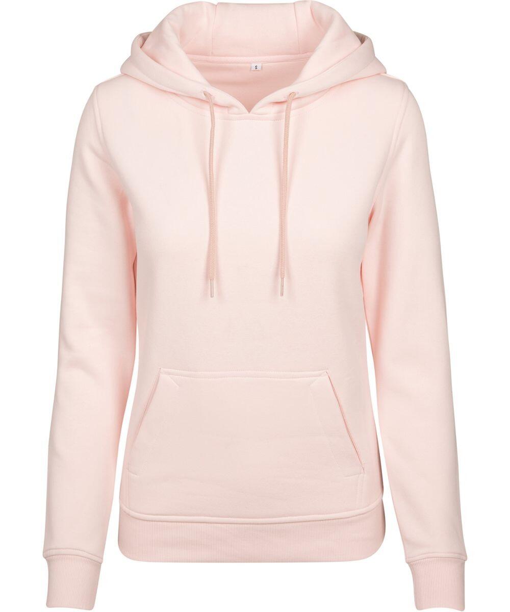 An elegant light pink hoodie with a front pocket and drawstrings, featuring long sleeves and a soft, relaxed-fit design, from the Build Your Brand collection. Product Name: BY026.