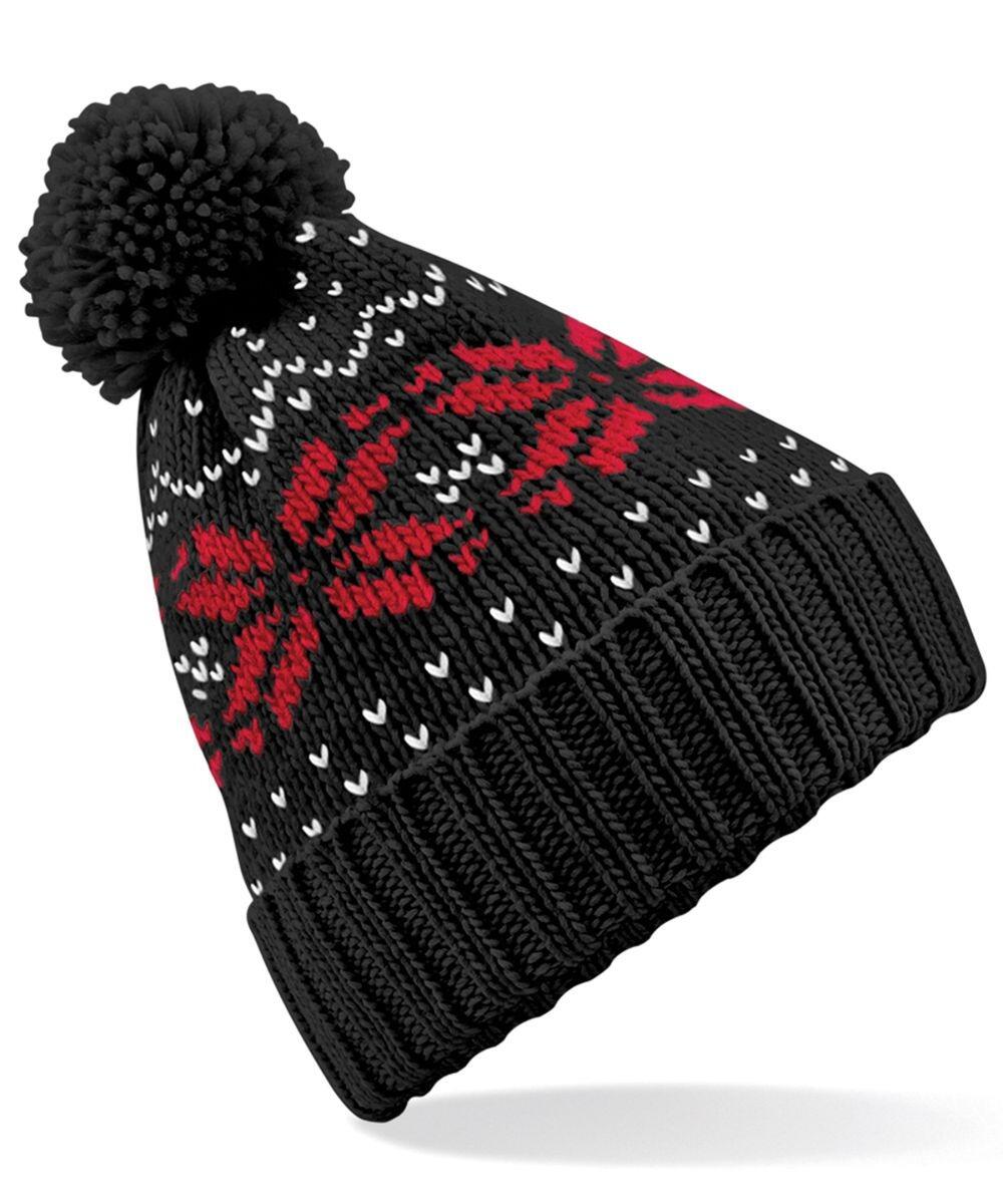 The BC456 from Beechfield is a black knit beanie featuring a red snowflake pattern, white accents, and topped with a black pom-pom.