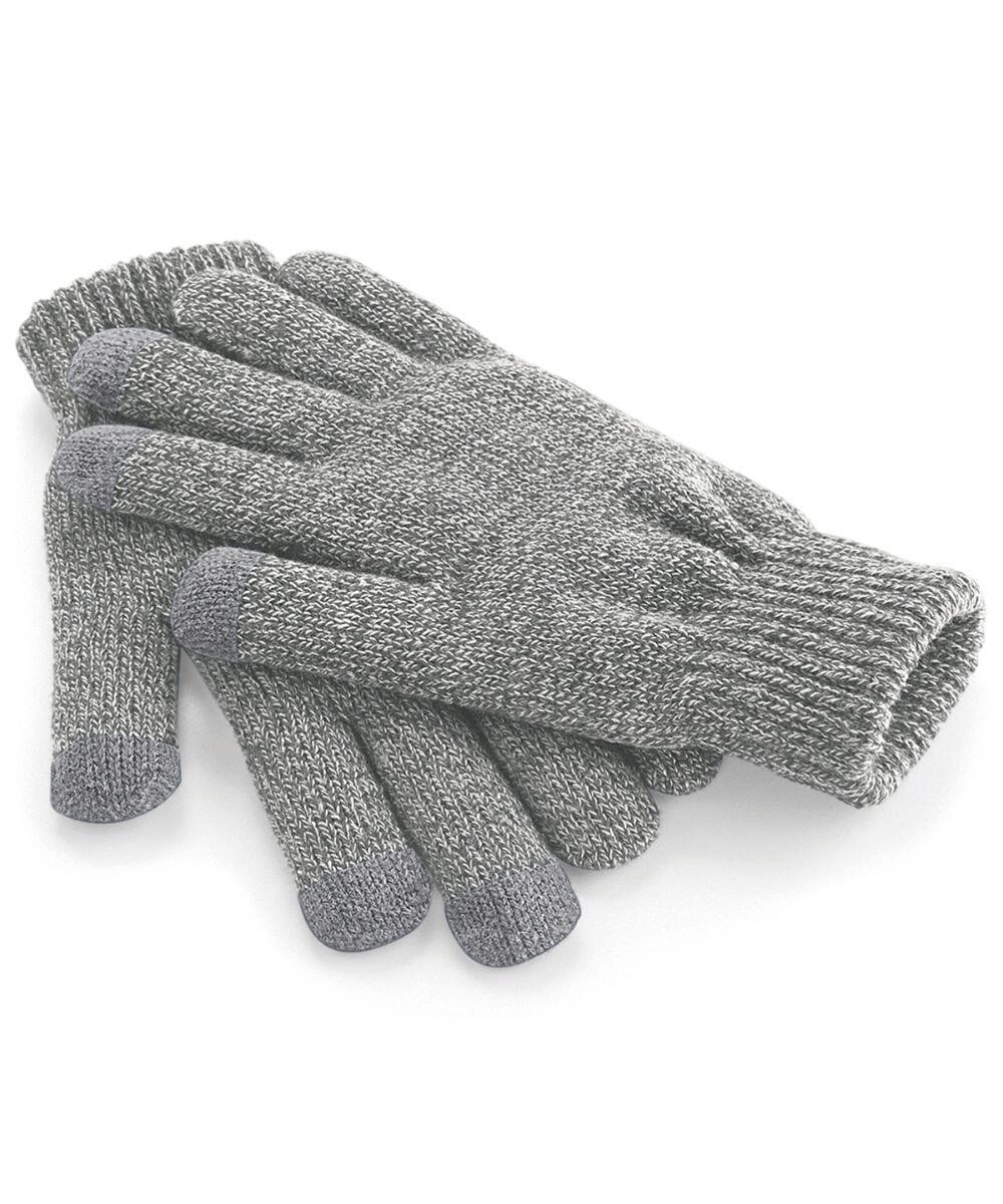A pair of Beechfield BC490 gray knit gloves featuring ribbed cuffs and touchscreen-compatible fingertips.